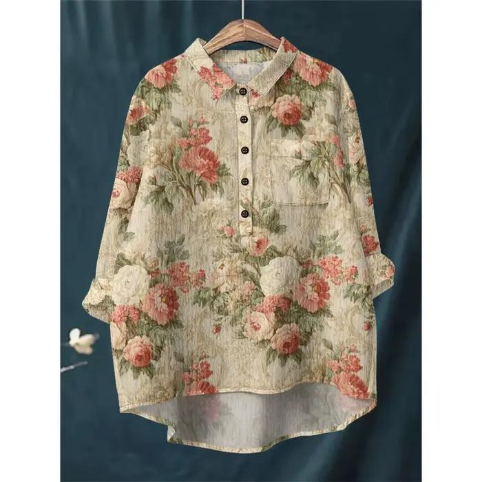 Chemisier élégant à imprimé floral pour femmes, style fille Mori, polyester et élasthanne, pour les saisons entières, occassions spéciales et looks quotidiens