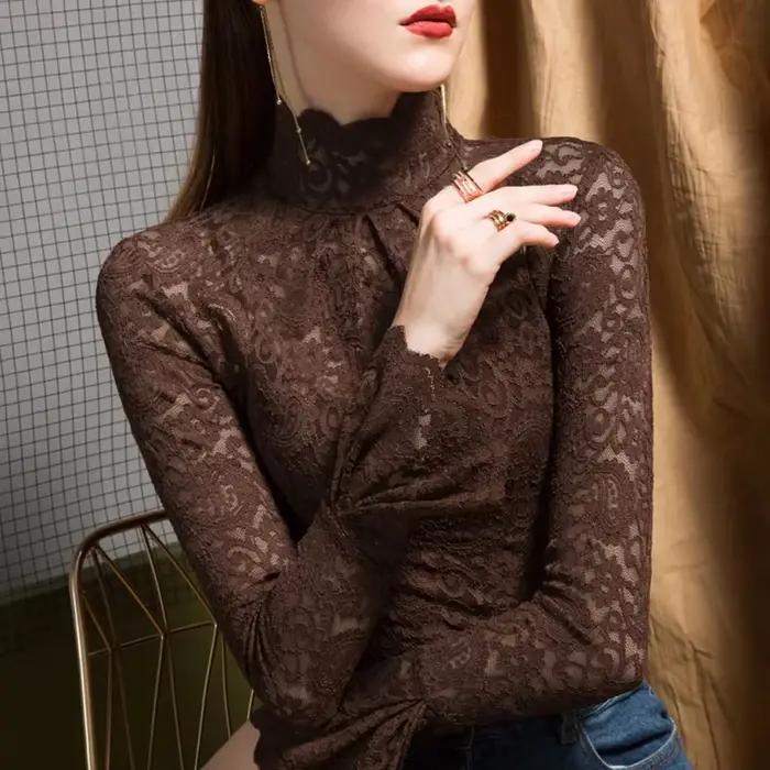 Chemisier femmes automne dentelle chemise commissionnée col roulé manches cloche