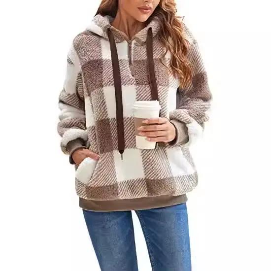 Sweatshirt à carreaux pour femmes style rétro, décontracté, coupe ample, doublure en coton, polyester léger, automne-hiver, pour bureau et occasions spéciales