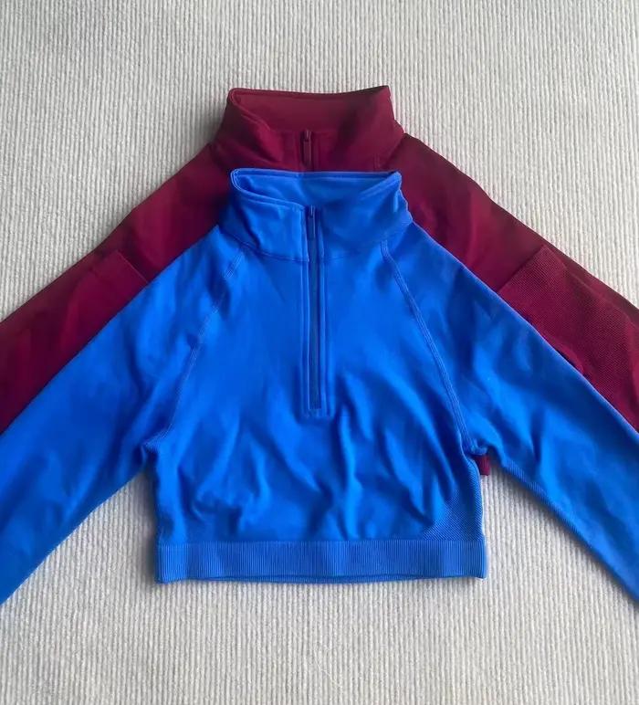 Haut court de sport pour femme, demi-zip, manches Roland, trou pour le pouce, bas côtelé très élastique, pour fitness, yoga et course à pied, argent, blanc, bleu ciel, bleu, bleu marine, bourgogne, brun, champagne, clair, couleur mixte, fuchsia, gris, gris foncé, ivoire, jaune