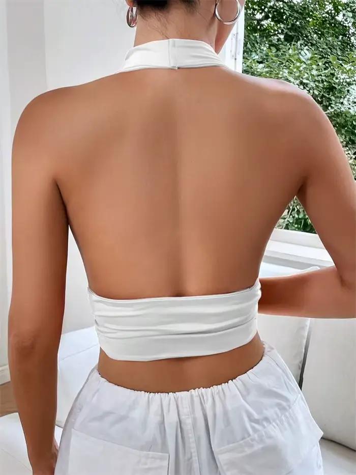 Haut court sans manches pour femmes, décolleté en V profond, dos nu, col licou, vêtement Y2K, polyester élasthanne, sorties nocturnes, été 2024