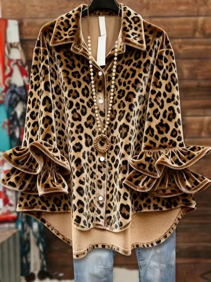 Chemisier Vintage en Velours Style Boho Chic Imprimé Floral et Léopard Pour Femmes Rendez-vous et Festivals