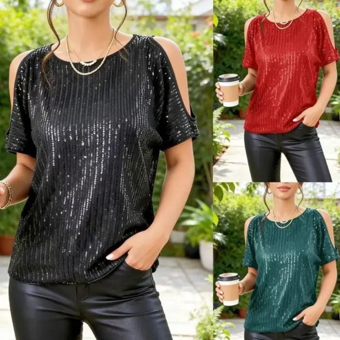 Chemisiers pour femmes été nouveau Sexy épaules dénudées col rond à manches courtes paillettes