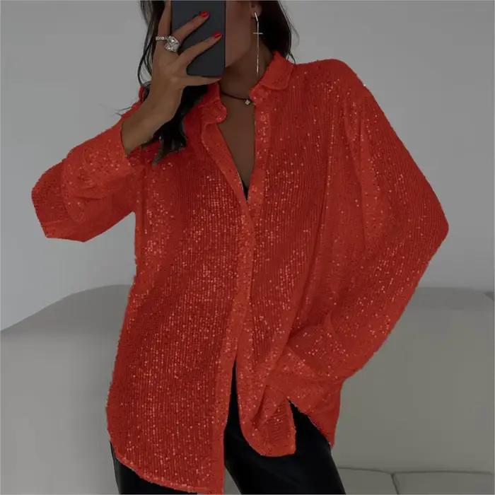 Chemise à paillettes Bling pour femmes, chemisiers à manches longues, style high street, printemps été, polyester, paillettes, col rabattu, fermeture boutonnée, confort bureau, soirée spéciale