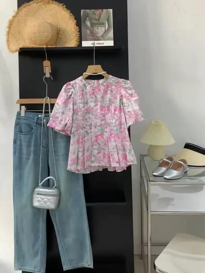 2026 Blouses Femme Tendance Col Rond Manches Courtes Amples Plissées à Motifs Floraux Rose Été Style Doux