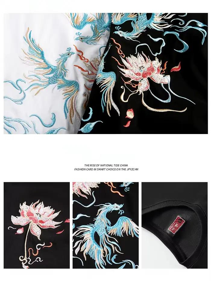 T-shirt homme en coton ample avec broderie phénix pour hommes jeunes et hipsters style chinois et streetwear pour occasions estivales et quotidiennes