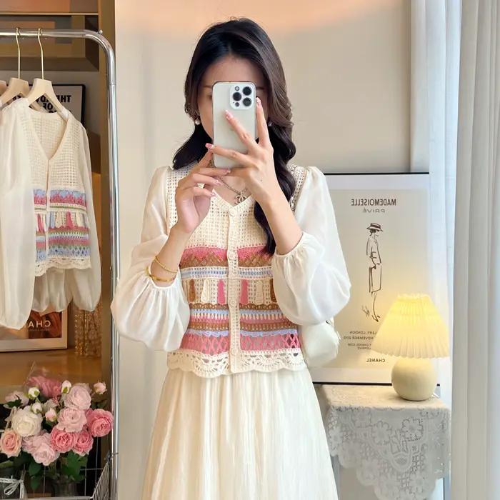 Haut en crochet brodé en Y pour femme avec manches en mousseline de soie