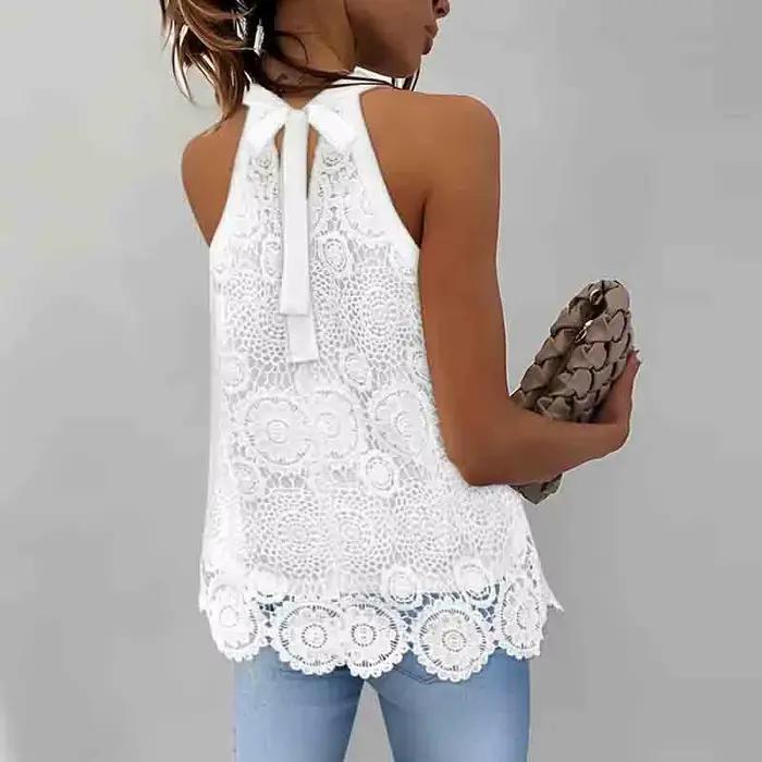 Haut blanc femme Y2K licou cou culture hauts sans manches dentelle T-Shirts pour femmes t-shirt