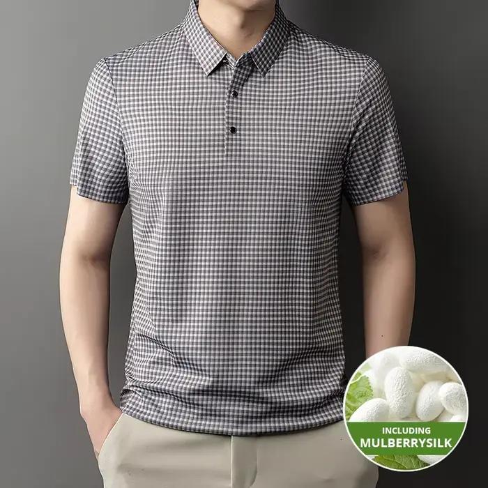 Nouveau Polo d'été en Soie de Mûrier de Qualité Supérieure Anti-Plis 2026 – Haut Décontracté à Manches Courtes pour Hommes, Motif à Carreaux Tendance