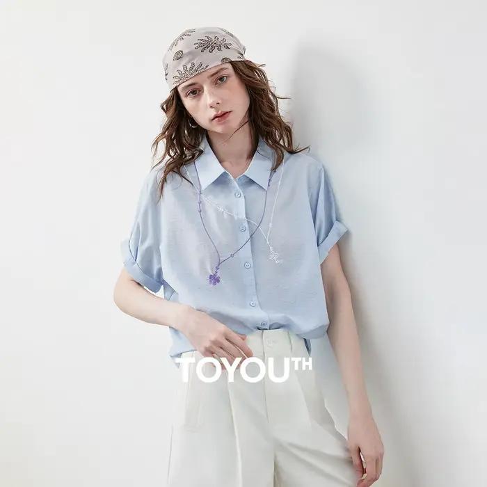 TOYOUTH Blouse Femme Manches Courtes Été 2026 Mélange Lin Nouvelle Broderie Florale Chinoise Collier Bleu Clair Doux Confortable