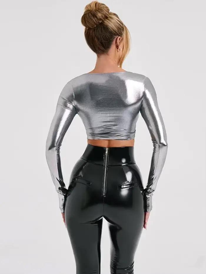 Haut court à manches longues pour femmes, t-shirts esthétiques, col rond, mince, accessoires Y2K, vêtements streetwear lumineux