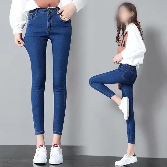 Jean Skinny Taille Haute Couleur Unie Femme 2026 Nouveau Modèle Élastique Amincissant Allongeant Pantalon Neuf Points en Coton Denim