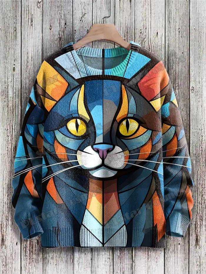 Pull en tricot unisexe avec motif d'art de chat abstrait géométrique mignon imprimé en 3D