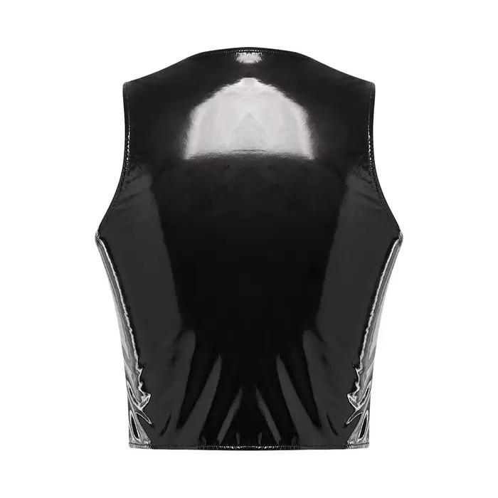 Débardeur Crop Top Femme en Similicuir PU Effet Mouillé avec Double Fermeture Éclair sur le Devant