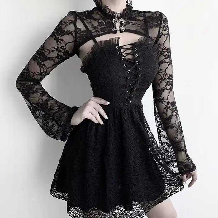 Punk dentelle col transparent Sexy culture hauts haussement d'épaules boléro femmes maille châle élégant Goth Capelet à manches longues voir à travers les couvertures noir