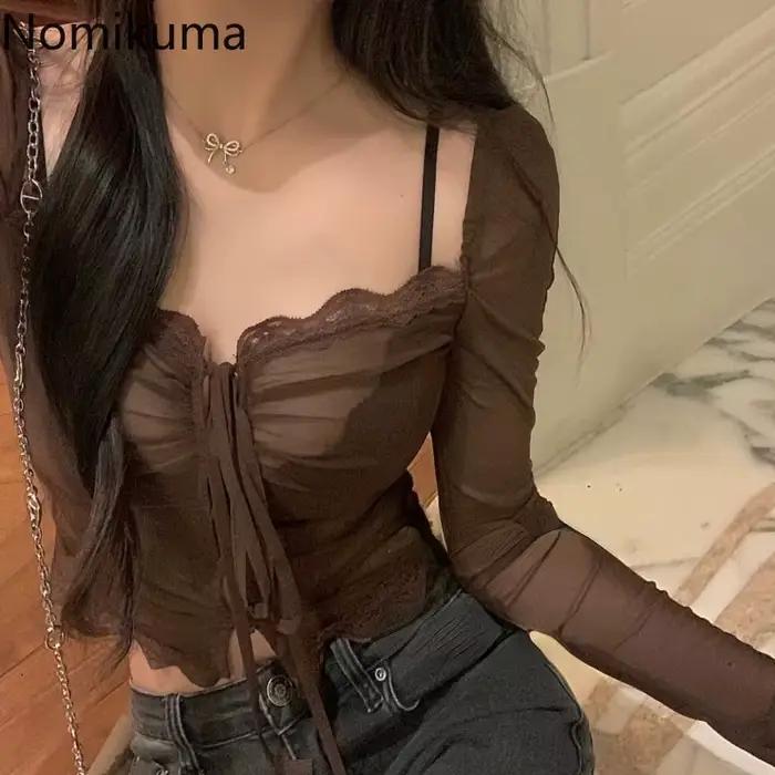 Hauts Sexy chemisiers pour femmes col en v à manches longues tunique chemises Guaze voir à travers la dentelle pansement été Blouse 2025 Blusas De Mujer