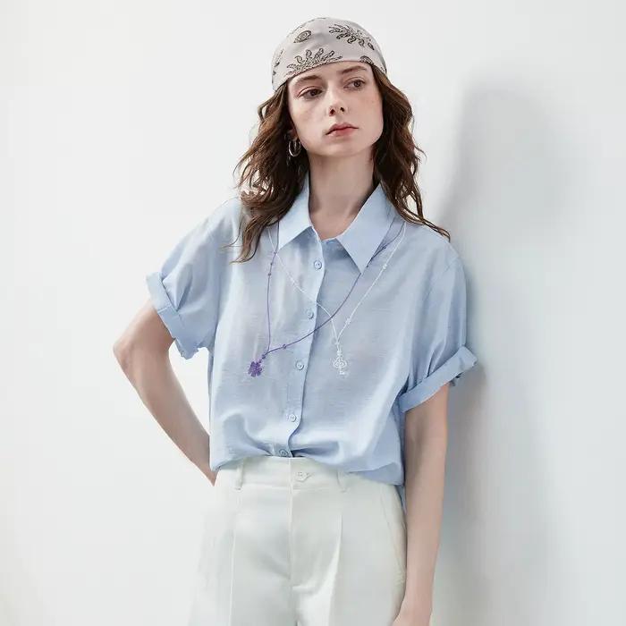 TOYOUTH Blouse Femme Manches Courtes Été 2026 Mélange Lin Nouvelle Broderie Florale Chinoise Collier Bleu Clair Doux Confortable