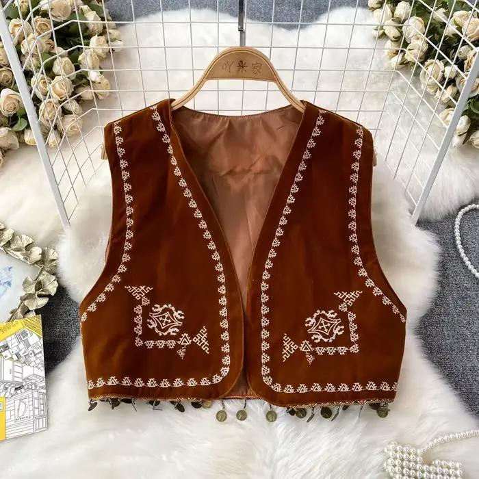 Gilet en coton et polyester imprimé Dancing JL Ants col en V style folk vintage pour femmes occasions spéciales