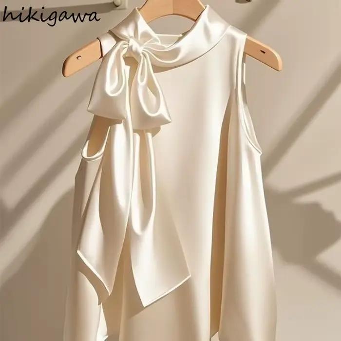 2025 Camisas De Mujer Blouses coréennes pour femmes sans manches pansement Bow chemises tempérament hauts ample Vintage été Blouse 63b474