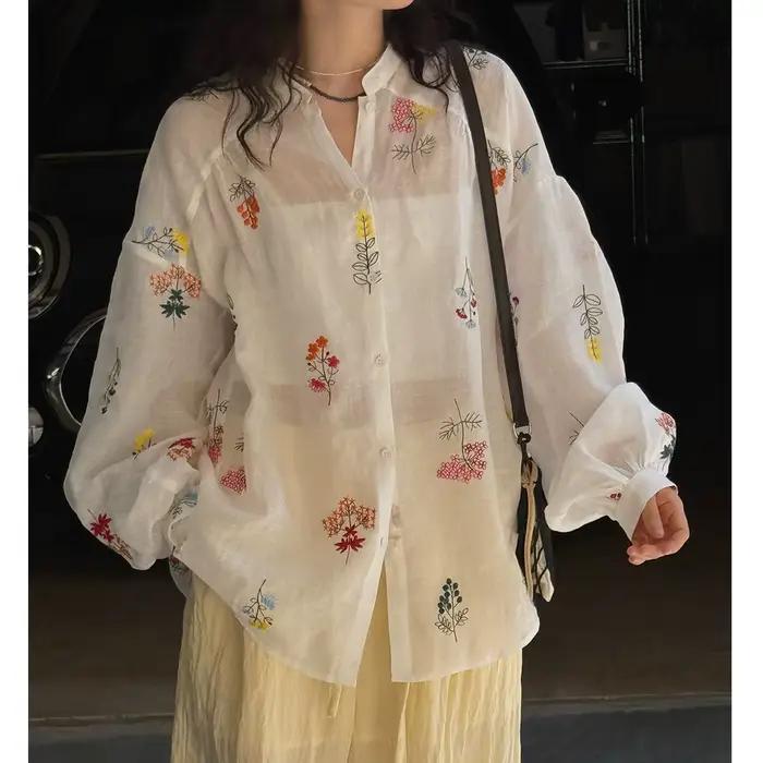 100% lin femmes été Sexy bohème Blouses col en v fleur broderie