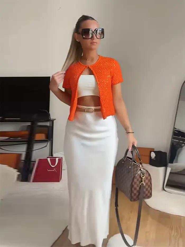 Cardigan tricoté en soie brillante orange élégant pour femmes avec manches courtes haute couture pour occasions spéciales années 2000