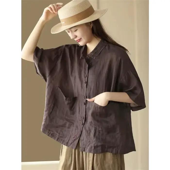 Chemisier femme 2025 printemps été couleur unie ample coton et lin dames hauts tempérament lin respirant dame chemise décontractée