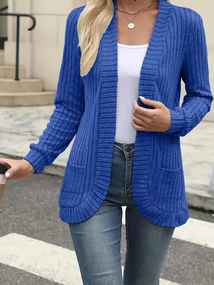 Cardigan tricot côtelé pour femme style décontracté couleurs unies printemps automne occassions variées poches pratique
