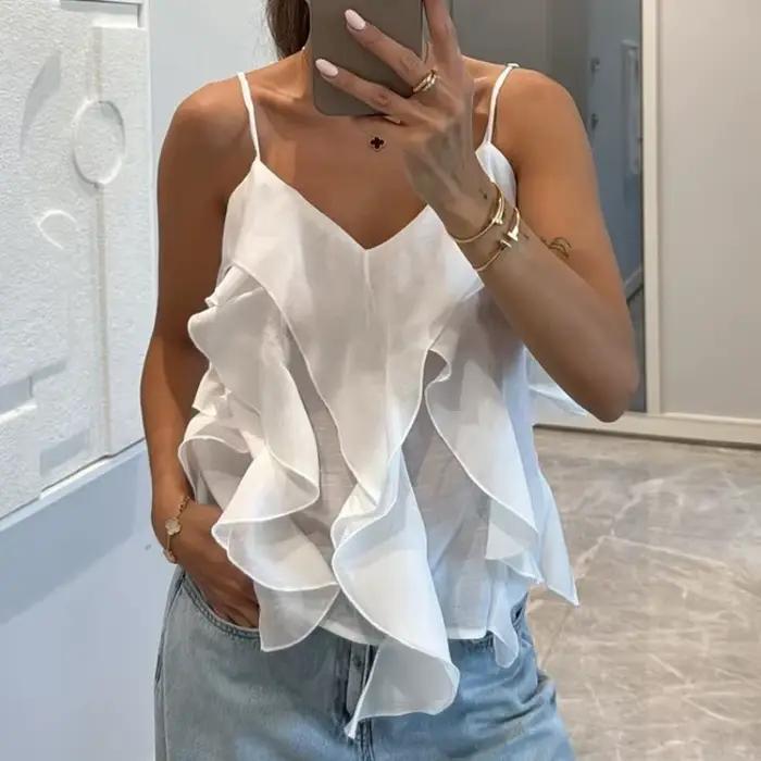 Haut camisole femme à volants en lyocell décontracté pour plage et occasions spéciales été 2026