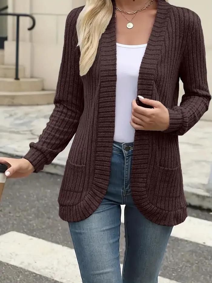 Cardigan tricot côtelé pour femme style décontracté couleurs unies printemps automne occassions variées poches pratique