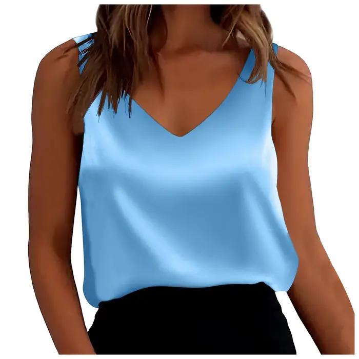 Haut en satin soyeux pour femme, décontracté, col en V, ample, sans manches, couleur unie, pour le bureau et les soirées détentes