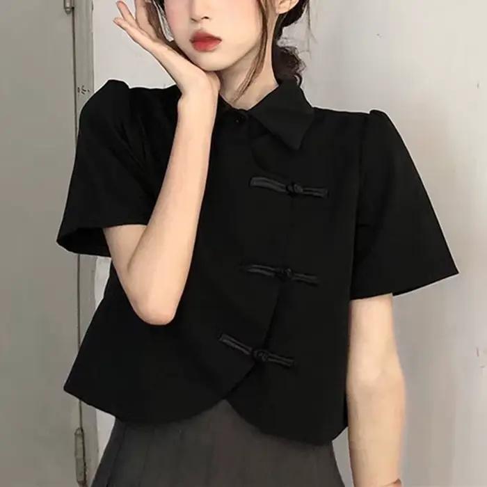 Femmes Blouse été à manches courtes blanc noir chemises Style chinois mode femme hauts courts dames chemise Blouses