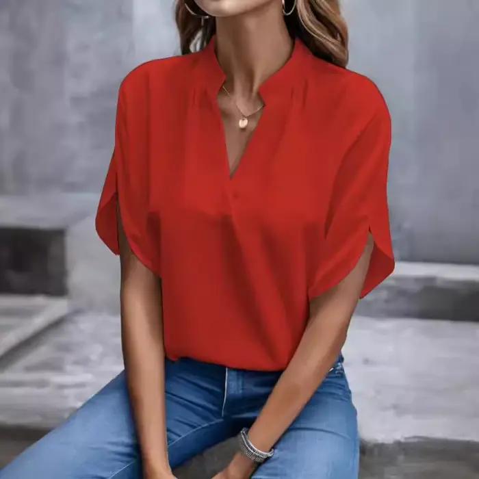 Chemisier Polyester Femme Col V Manches Courtes Pour Le Bureau Ou Occasions Décontractées