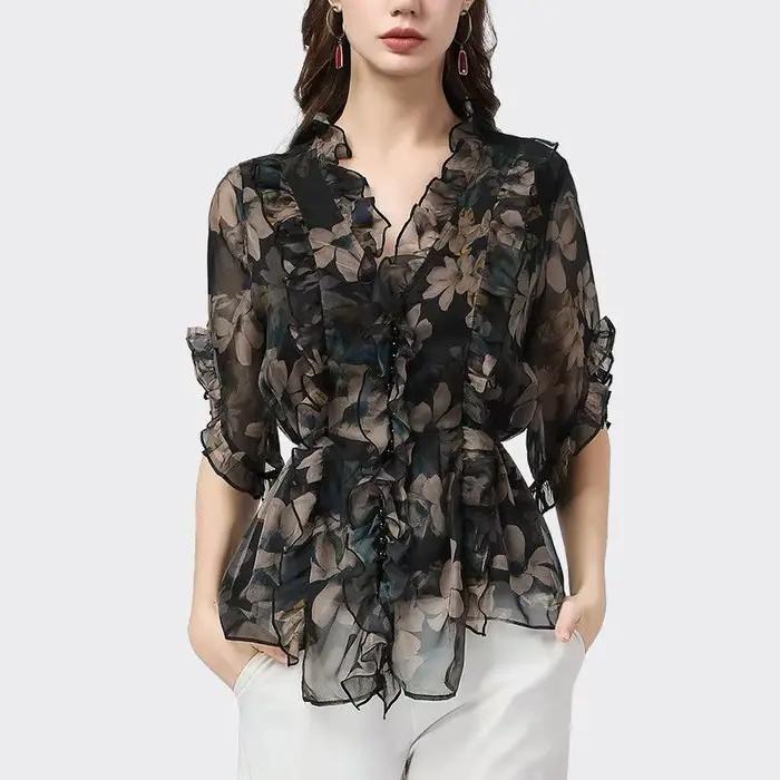 Chemise en mousseline de soie florale pour femmes au printemps et en automne 2025