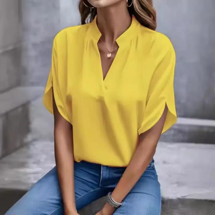 Chemisier Polyester Femme Col V Manches Courtes Pour Le Bureau Ou Occasions Décontractées