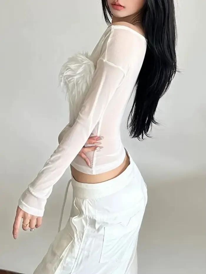 T-shirt en maille transparente pour femmes, haut court à manches longues, style Y2K, ajustement mince, couleur noire, blanc et beige, occassions de fête et carnaval