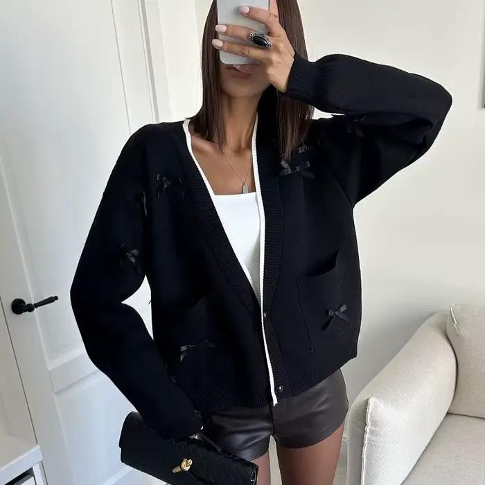 Cardigan à manches longues et col en v avec nœud
