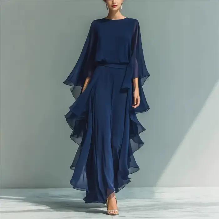 Ensemble deux pièces bohème pour femme : chemise en mousseline bleu marine à manches cloche et pantalon droit à volants – Tenue tendance