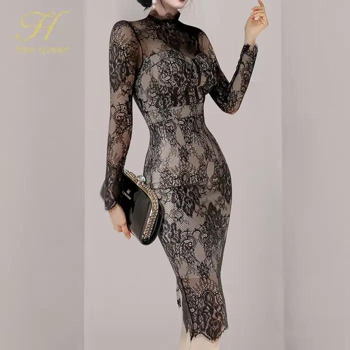 H Han Queen automne nouveau voir à travers dentelle robes mode coréenne Crochet fleurs robe crayon élégant Simple fête