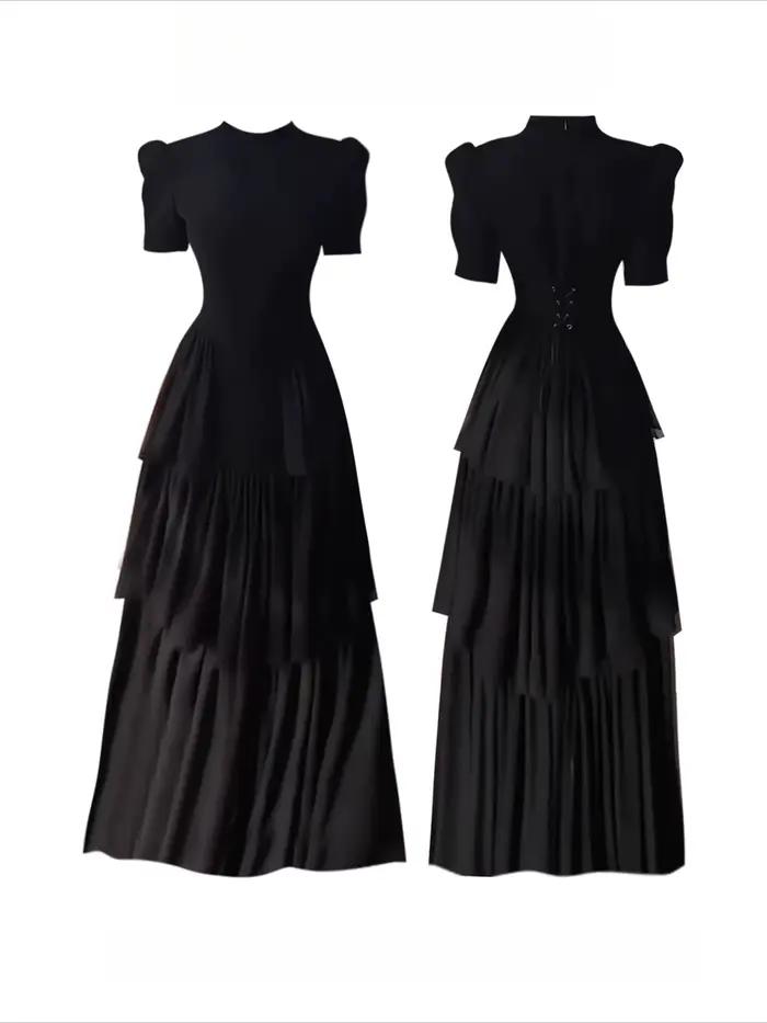 Robe longue multi-couches noire pour femme