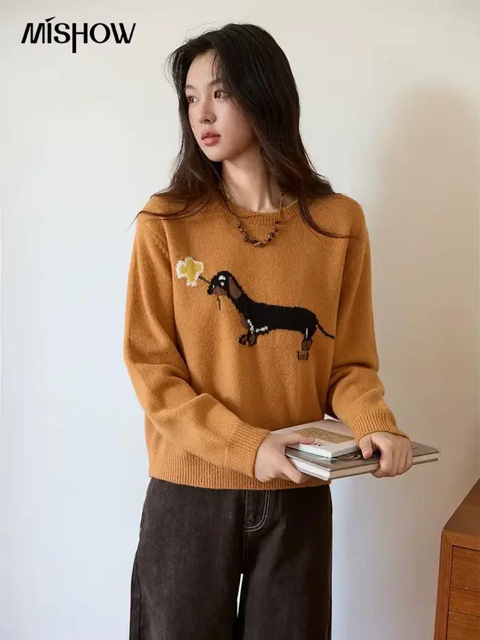 MISHOW Orange col rond pull pour femmes 2025 automne hiver nouveau saucisse chien dessin animé Jacquard ample décontracté Kint haut MXE48Z2578