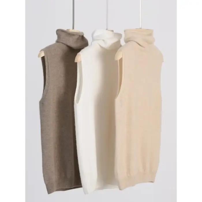 Femmes laine mérinos sans manches pulls col roulé pull gilet
