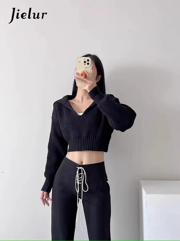 Jielur-Pull à col en V pour femme