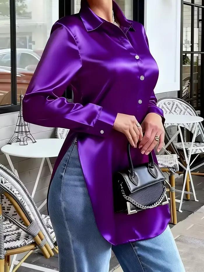 Chemise en satin pour femme – Chemisier boutonné à manches longues avec haut brillant élégant