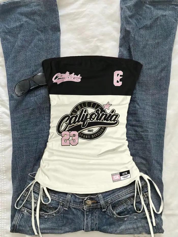 Crop top cintré à la taille avec cordon de serrage pour femme, imprimé sportif, bretelles fines, idéal pour l'été, occasions spéciales et style moderne