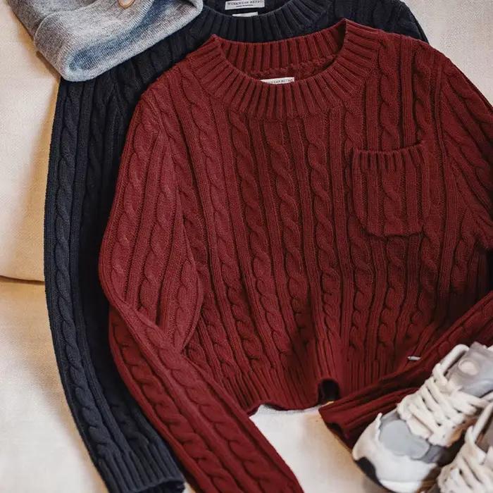 Maden Sweat-shirt féminin de couleur bordeaux Suéter court et ajusté en maille épaisse pour Noël Automne et hiver Col rond Sous-vêtement