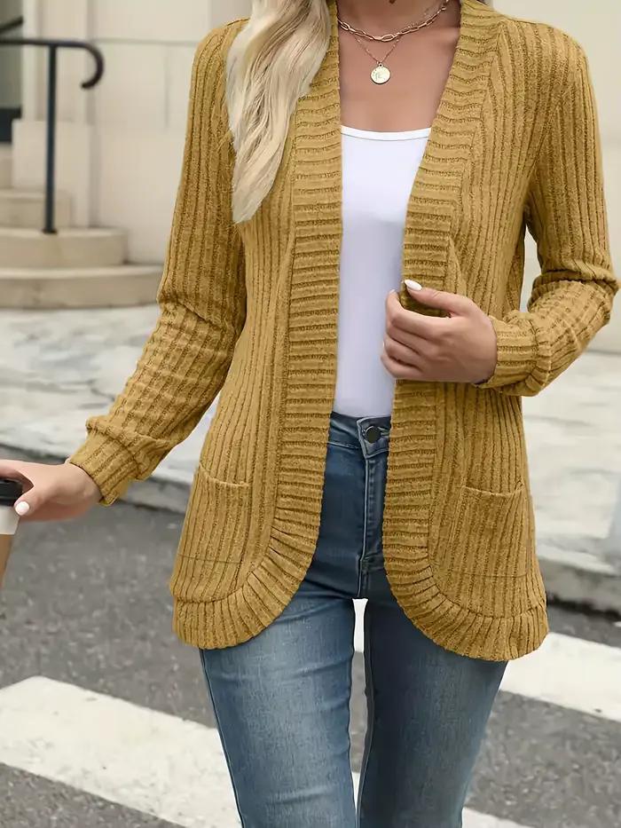 Cardigan tricot côtelé pour femme style décontracté couleurs unies printemps automne occassions variées poches pratique