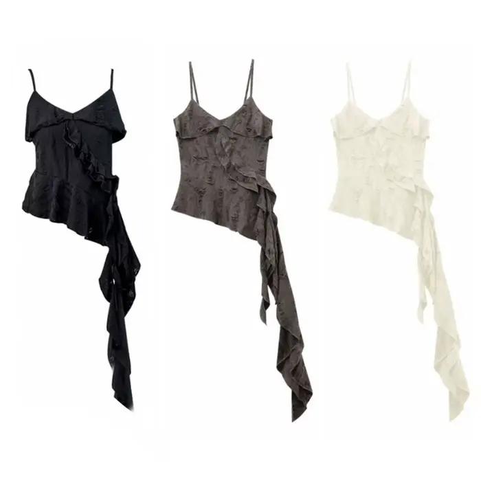 Haut court asymétrique à volants et franges, col en V, coupe trapèze, à lacets, couleur unie, style Spicy Girl, sans manches pour femme