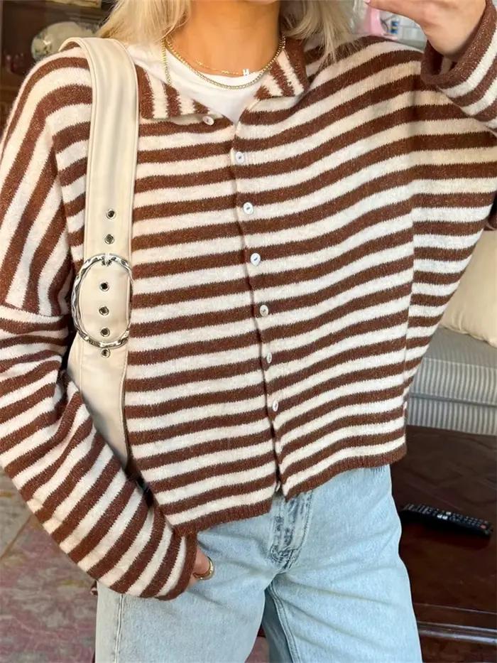 Cardigan rayé boutonné pour femme ample à manches longues style Y2K automne hiver confortable et élégant pour toutes les occasions