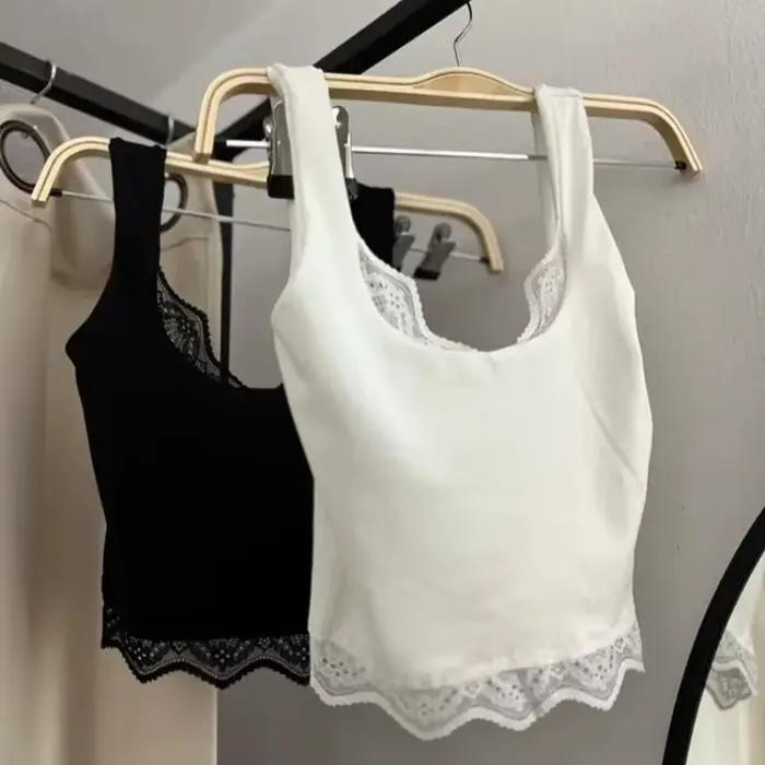 Débardeur Camisole Blanc à Col Carré pour Femme Nouveau Modèle d'Été avec Dentelle Haute Qualité Polyester Occasions Spéciales Mode Élégant