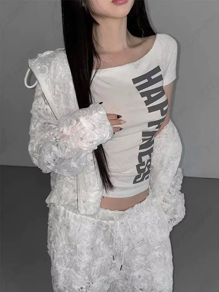 Gothique Punk Esthétique Femmes Y2K Haut Court Sexy Mince Chic Col Bateau Manches Courtes Imprimé T-shirt Rock Hip Hop Emo Filles Streetwear